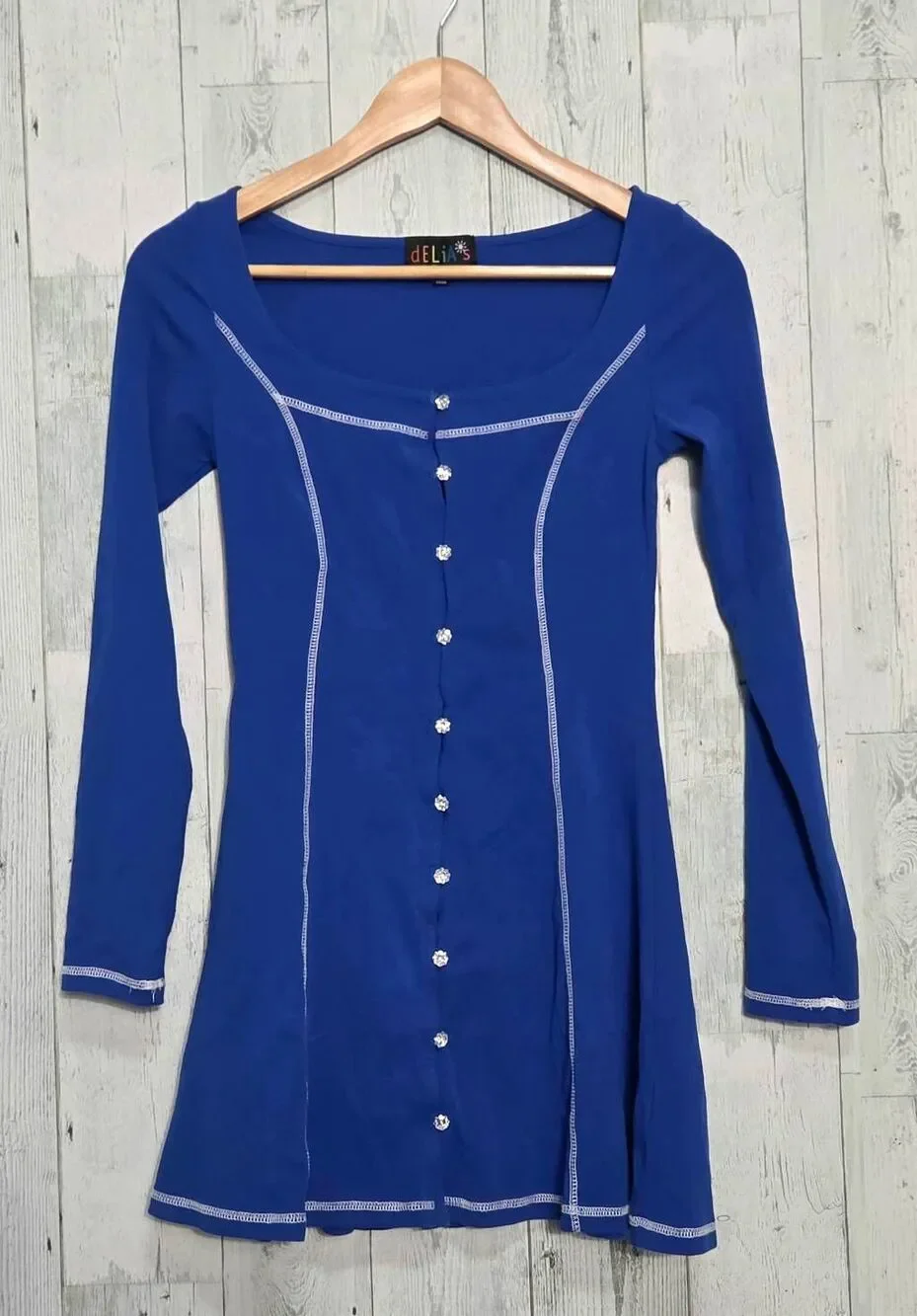 Delia's by Dolls Kill Royal Blue Crystal Button Skater Dress Contrast Seams Sz.